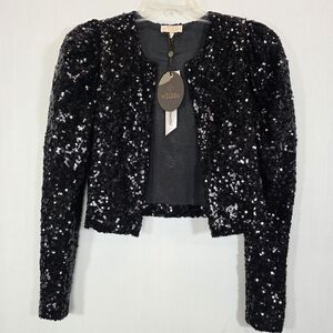 NWT byTiMo Black Sequin Cropped Jacket Puffy Shoulder Size Small $470